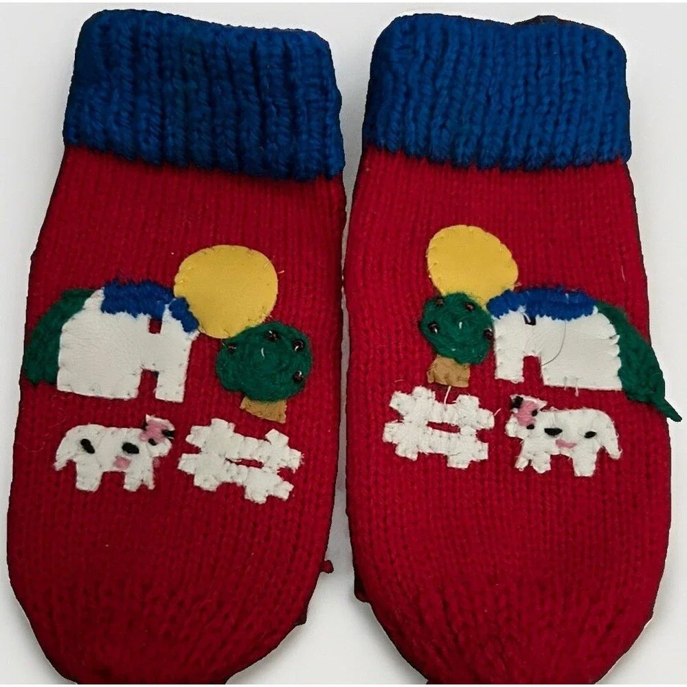 VTG 1986 Cynthia McKinnet Designs Winter Hat Mittens Set Red Blue House Novelty